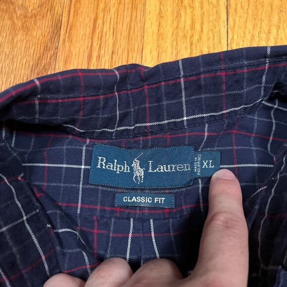 Ralph Lauren Classic Fit Windowpane Plaid Shirt Navy Blue Red White Button Down - Picture 4 of 6